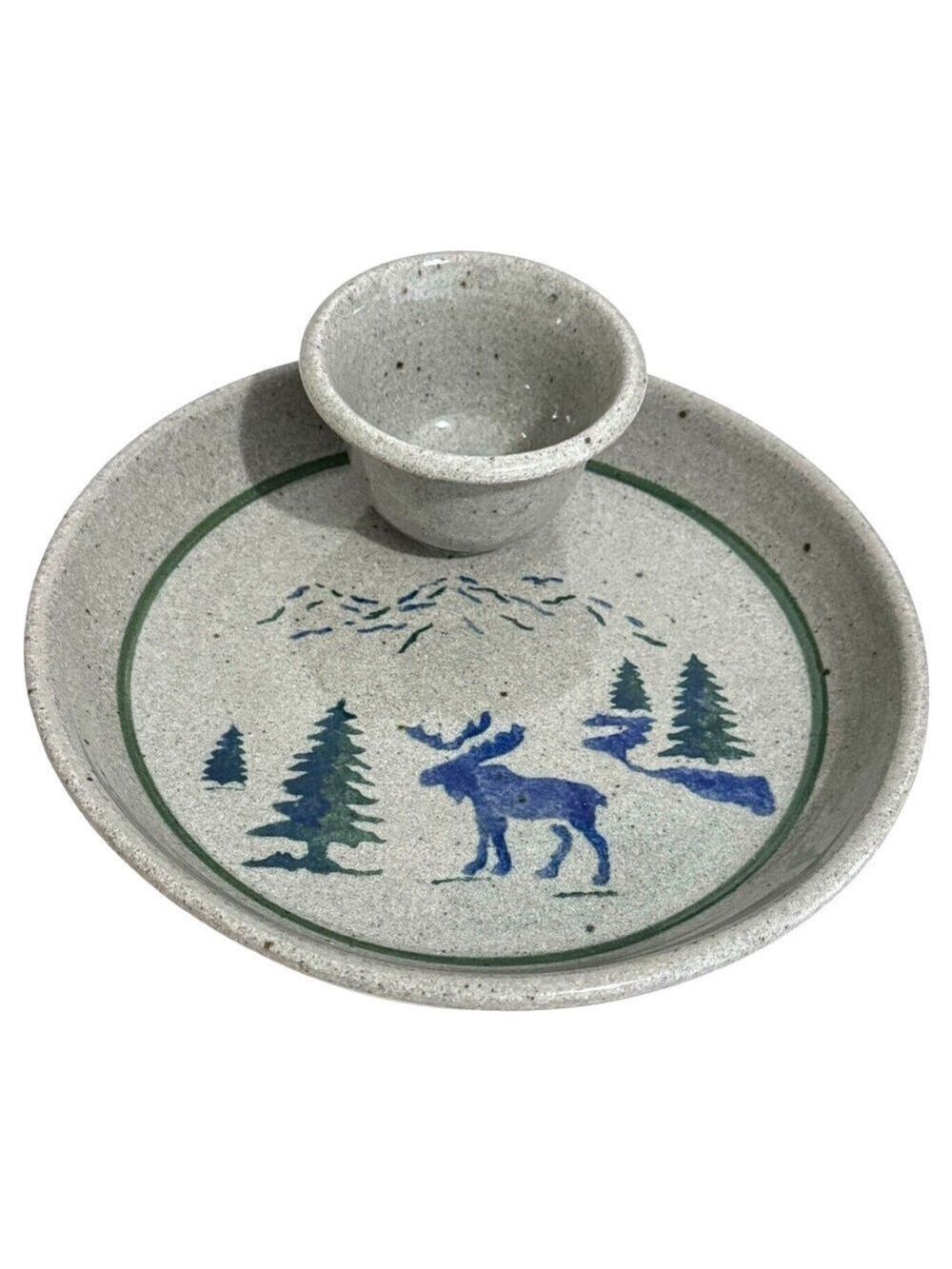 Vintage Art Pottery Chip & Dip Stoneware Plate Trees Moose Cabin Decor 8.5"